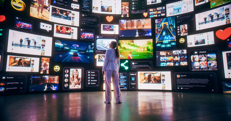 Backview Of Caucasian Woman Connecting to Animated Stream Of Content. Visualization Of Browsing Metaverse Big Data with Viral Videos, Social Media Profiles with Influencers, and Internet Communities.