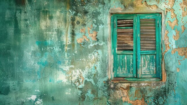 Shutters of the green window with a backdrop of the grungy wall - Powered by Adobe
