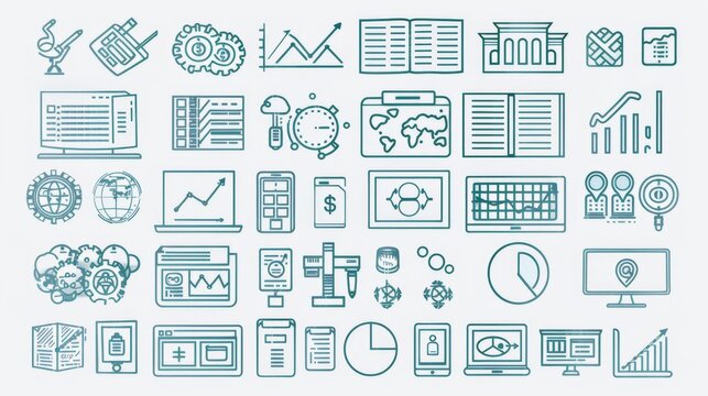 Blue Line Icons Depicting Various Business and Technology Concepts - Powered by Adobe