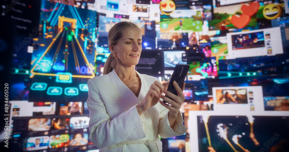 Poster portrait of caucasian woman using smartphone in 3d cyberspace with animated social media interfaces,