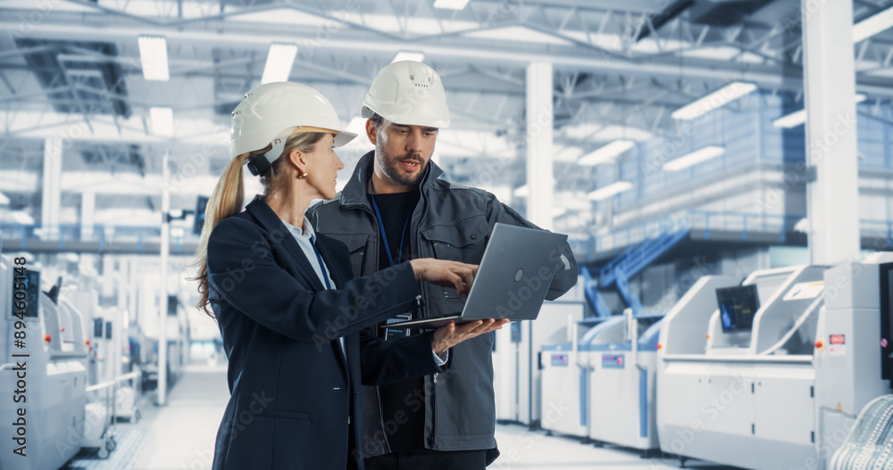 Poster Experienced Male and Female Engineers Standing on a Platform at a Modern Industrial Factory, Using Laptop Computer and Discussing Production of Modern Electronics for Artificial Intelligence Machines.