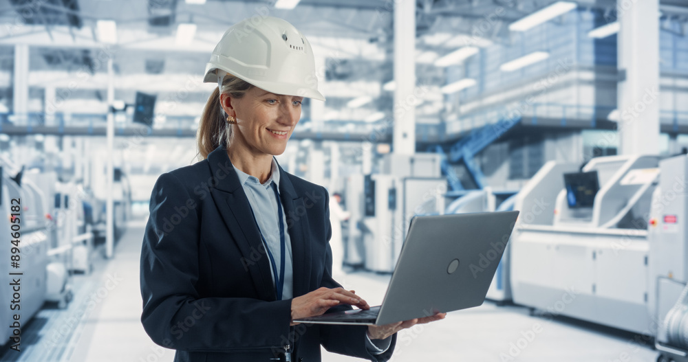 Aufkleber caucasian female electronics factory manager wearing hardhat and working on laptop computer at an in