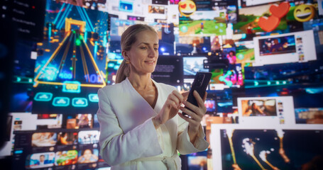 Portrait Of Caucasian Woman Using Smartphone in 3D Cyberspace With Animated Social Media Interfaces, Games, Videos, and Internet Content. Visualization Of Female Enthusiast Surfing Web Network.