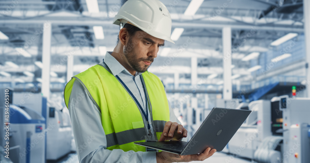 Poster portrait of a handsome caucasian male engineer standing in factory hall, using laptop at a machinery