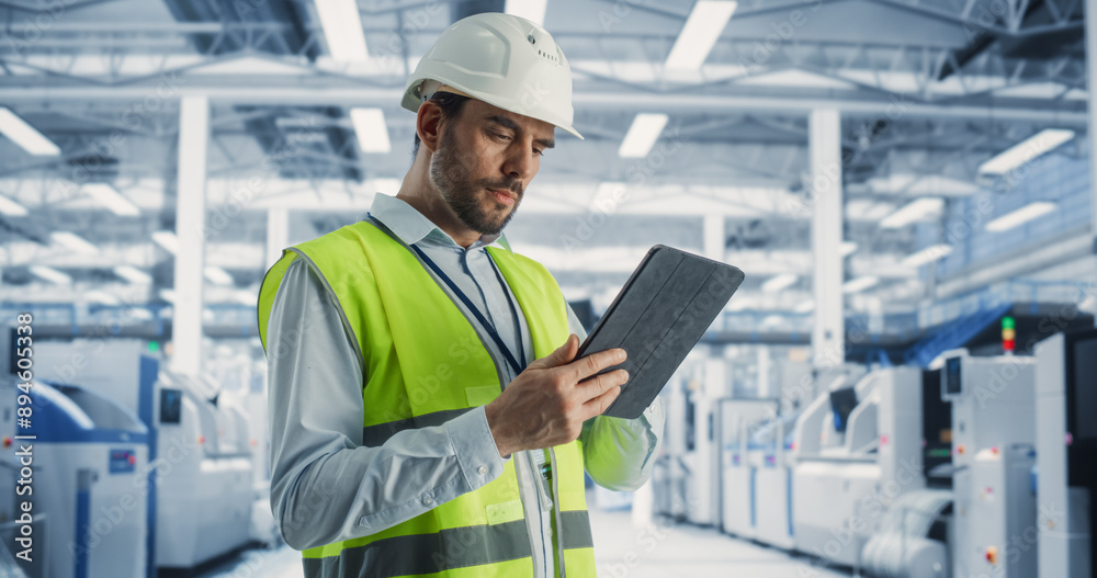 Poster portrait of a caucasian male engineer standing in factory hall, using tablet computer at a machinery