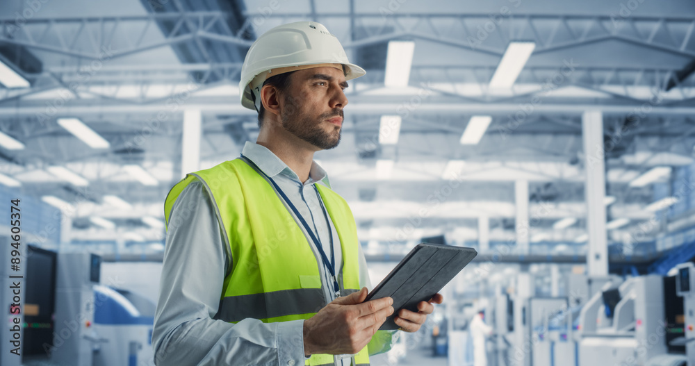 Leinwandbilder portrait of caucasian male industrial engineer in hard hat standing and using tablet computer at ele