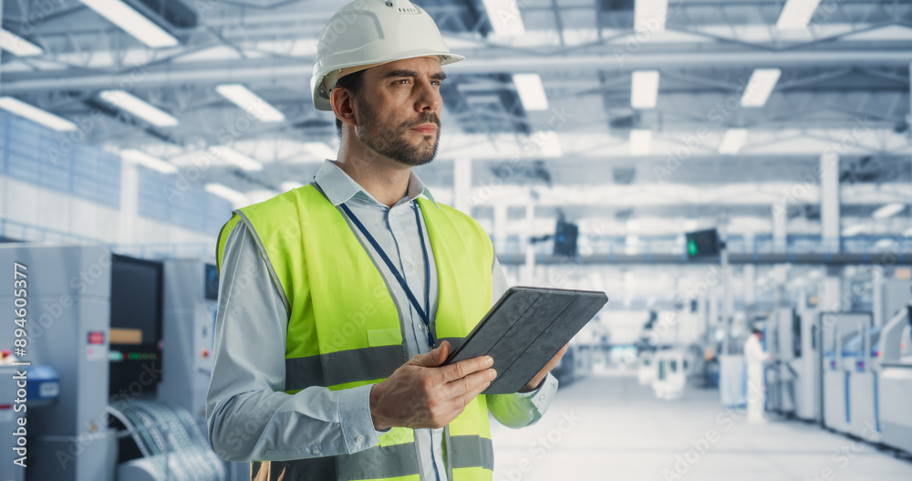 Poster portrait of caucasian male engineer standing in factory hall, using tablet computer at a machinery m