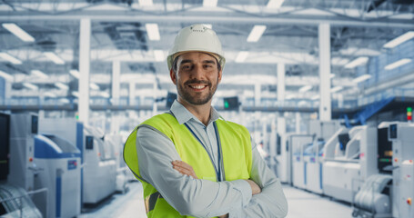 Process Engineer Smiling, Looking at Camera. Portrait of a Caucasian Man in a Protective White Hardhat and Reflective Jacket. Specialist Monitoring AI Powered Assembly Line With Heavy Machinery.