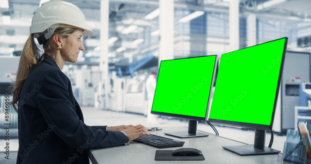 Poster Caucasian Female Technician In Hardhat Working on a Desktop Computer with Green Screen Chromakey Mock Up Display in a Factory Office. Autonomous Technological Research and Development Facility.