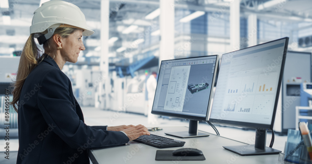 Aufkleber Caucasian Female Industrial Engineer Developing 3D Model of a Circuit Motherboard on Computer CAD Software In Electronics Factory Office. Modern Technological Research and Development Center.