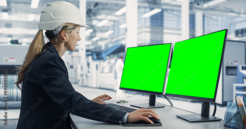 Aufkleber Caucasian Female Technician In Hardhat Working on a Desktop Computer with Green Screen Chromakey Mock-Up Display in a Factory Office. Autonomous Technological Research and Development Facility.