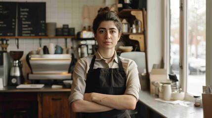 A barista in a contemporary caf&eacute;, confidently standing with arms crossed, surrounded by coffee equipment, embodying dedication and professionalism.