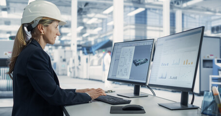 Caucasian Female Industrial Engineer Developing 3D Model of a Circuit Motherboard on Computer CAD...