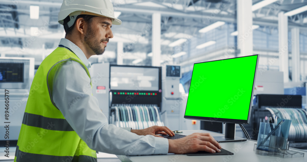 Poster Caucasian Male Industrial Engineer In Protective Gear Working on a Desktop Computer with Green Screen Chromakey on Display at an Electronics Factory. Technological Research and Development Center.