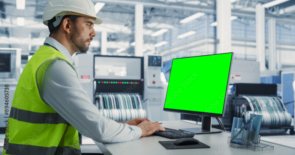 Poster Caucasian Male Industrial Engineer In Hardhat Working on a Desktop Computer with Green Screen Chromakey on Display at an Electronics Factory Facility. Technological Research and Development Center.