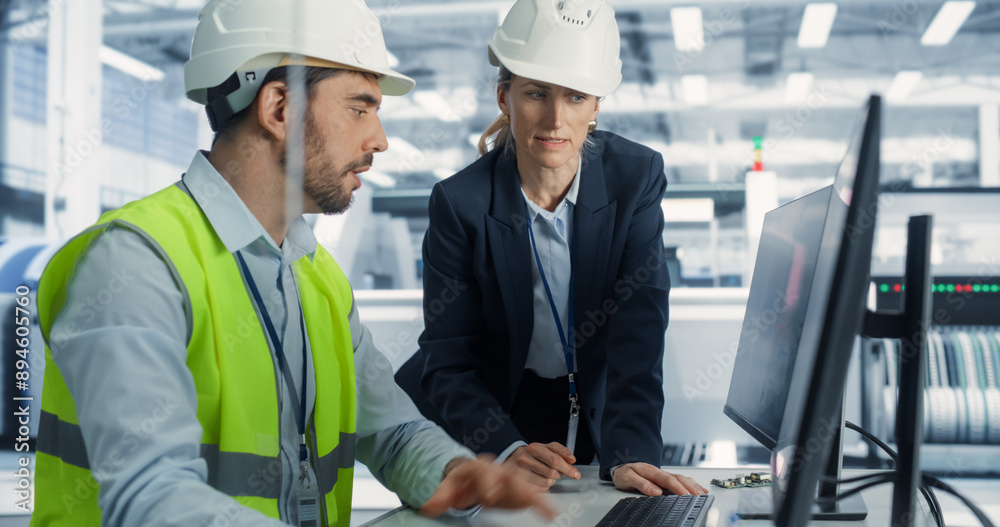 Poster electronics research and development facility: caucasian female project manager consults male engine