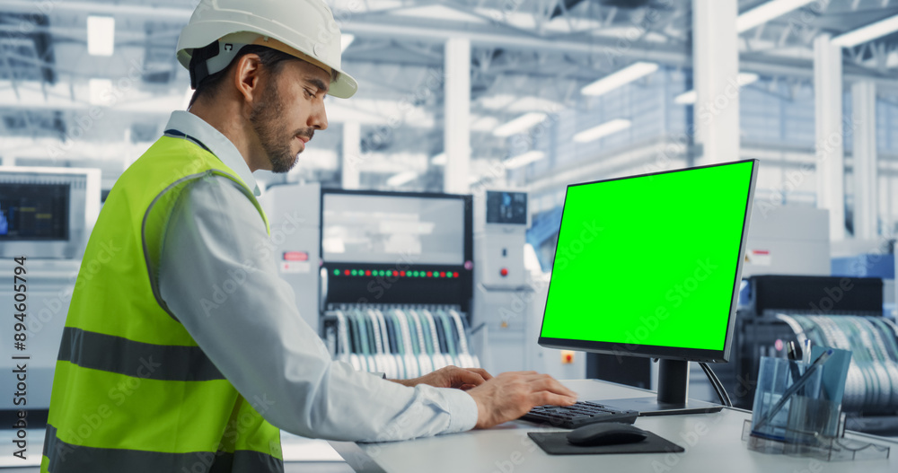 Aufkleber Caucasian Male Industrial Engineer In Protective Gear Working on a Desktop Computer with Green Screen Chromakey on Display at Electronics Factory. Technological Research and Development Center.