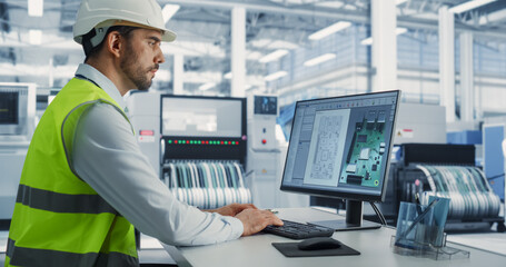 Electronics Design Factory Office: Portrait of Handsome Caucasian Male Engineer Wearing Safety Gear...