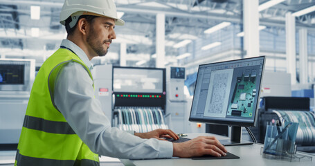 Electronics Factory: Caucasian Male Electrical Engineer Designs PCB Prototype, Works on Desktop...