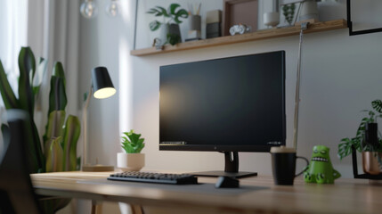 Fototapeta premium A modern home office setup featuring a sleek monitor, ambient lighting, and green plants, creating a peaceful and productive environment.