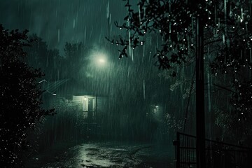 Heavy Rainfall at Night with Drenched City Streets