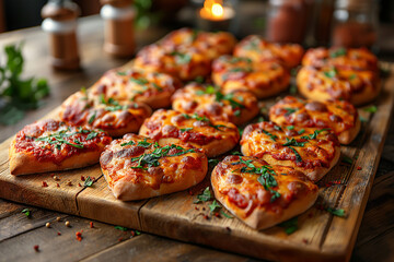 Heart shaped pizza on the wooden plate
