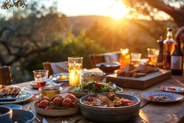 Outdoor dining scene at sunset with warm light