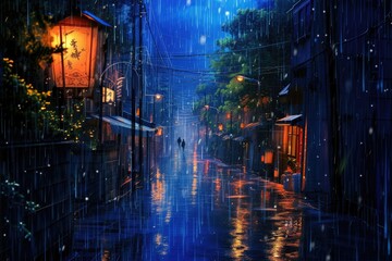 Naklejka premium Dimly Lit Alleyway with Heavy Rain Showers