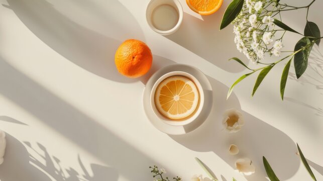 A white plate with a slice of orange and a cup of coffee sits on a table