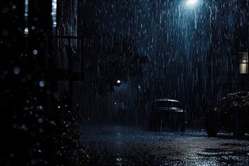 Obraz premium Shadowy Urban Scene Amidst a Torrential Rainstorm
