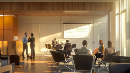 A modern, sunlit conference room with people engaging in discussions and working on laptops, creating a collaborative and productive atmosphere.