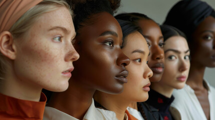 Fototapeta premium A group of diverse women standing in a row, gazing intently forward, each embodying uniqueness and collective strength, against a neutral background.