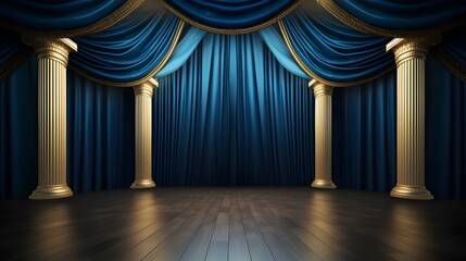 Blue with golden curtain stage with frames UHD Wallpaper