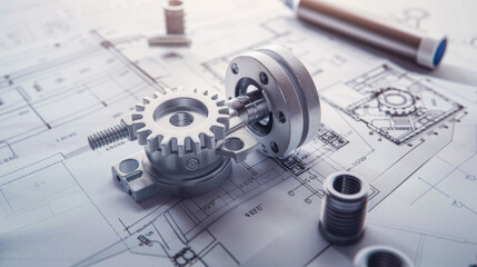 A metal gear and bearing rest on engineering blueprints, highlighting the precision and creativity in mechanical design.