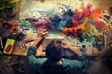 Fototapeta premium Creative Mess, Art Studio Desk, Painter, Artist, Inspiration.