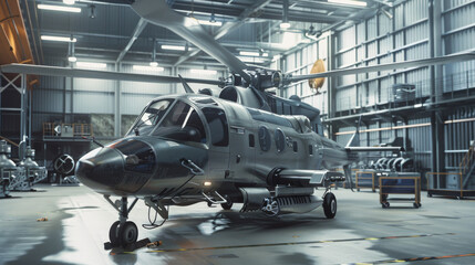 A polished helicopter parked inside a well-lit hangar, showcasing its sleek design and readiness for operation.