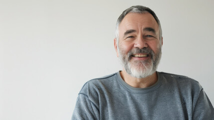 Obraz premium A happy man with a gray beard smiles warmly while wearing a casual gray sweater against a plain background.