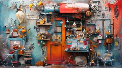 A colorful, cluttered room with a red door and a sign that says "Vikul"