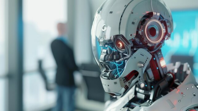 A robot with a blue face stands in front of a person in a suit