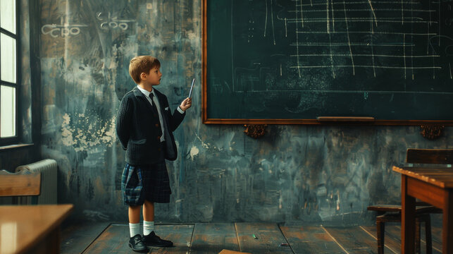 A young boy points to a chalkboard with serious dedication in an old-fashioned classroom, evoking a sense of historical schooling and academic rigor.