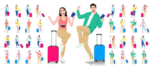 Set of young man and woman tourists with smartphones and passports and tickets. Travelers going on trip in casual clothes with a suitcase. Vector illustration set isolated on white