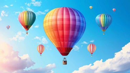 Obraz premium Several hot air balloons float in a blue sky.