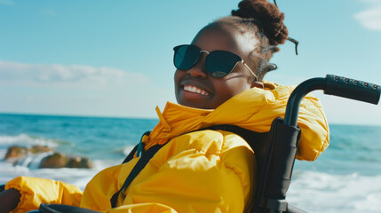 A smiling person in a bright yellow jacket and sunglasses enjoys the ocean breeze from their wheelchair, surrounded by blue waters and clear skies.