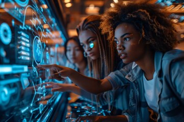 Group of beautiful college students using holographic screens and AI technology to collaborate on solving a futuristic puzzle.