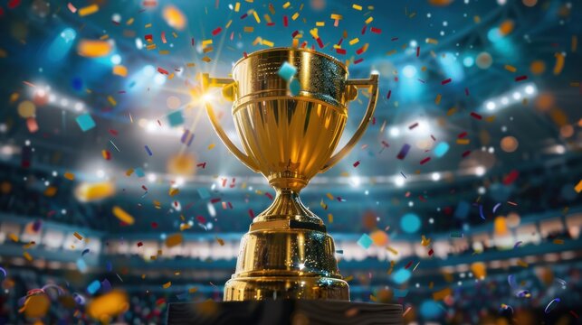 Football champion cup stands on a green grass field at a football stadium with the light of spotlights and confetti. football Cup final, Euro celebration.