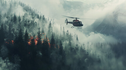 Fototapeta premium A helicopter hovers over a forest engulfed in flames and smoke, battling a raging wildfire amidst misty mountain landscapes.