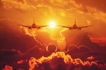 Naklejka premium Two Airplanes Flying into a Vibrant Sunset