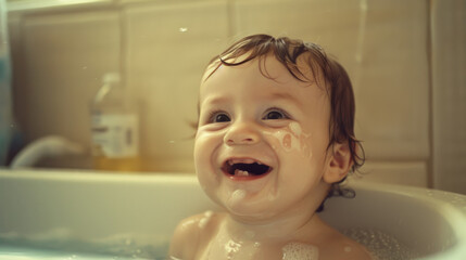 An adorable baby with wet hair enjoys splashing in a bathtub, their joyful face lit up with a smile in a bright bathroom.