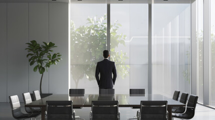 Fototapeta premium A lone businessman stands facing large windows in a modern, minimalist conference room, contemplating the future surrounded by natural light and greenery.