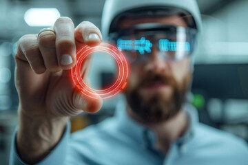 In a futuristic office setting, a person's hand wearing advanced glasses and a well-groomed beard holds a holographic red horseshoe magnet, attracting digital profiles